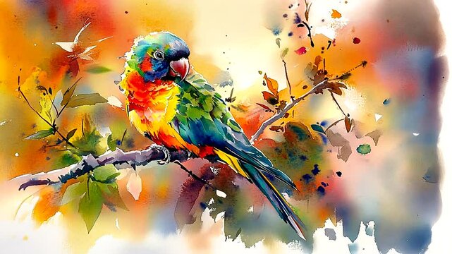 Vibrant parrot perched on a branch amidst colorful foliage