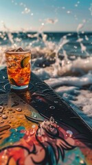 Colorful paddle board with Aperol spritz cocktail on Italian beach at sunrise