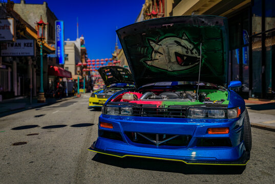 Blue modified Nissan Silvia at a Chinatown car show, San Francisco, USA