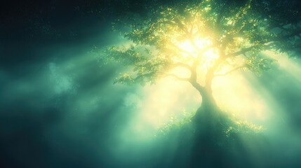 Naklejka premium Mystical tree glowing in dark forest, fantasy background, game design