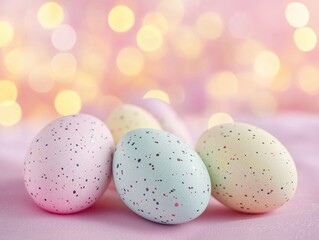 An assortment of colorful, decorated Easter eggs with pink glitter and bright colors on a shiny surface.