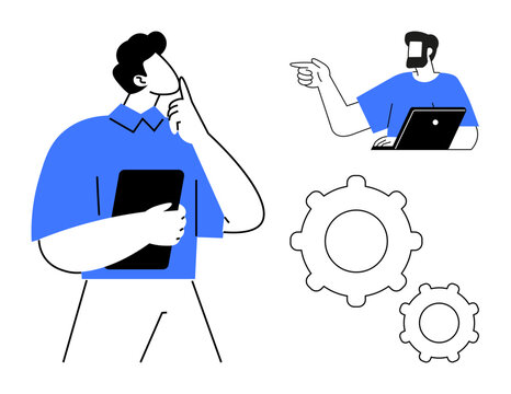 Man holding tablet thinking, another man working on laptop pointing. Gears representing process. Ideal for brainstorming, teamwork, problem solving, technology, workflow efficiency, collaborative