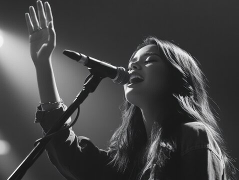 A woman singing into a microphone. The image is in black and white. The woman is singing into a microphone and her hand is raised in the air - Powered by Adobe