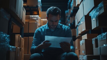 Concentrated warehouse worker sitting among stacked cardboard boxes, reviewing an inventory checklist for efficient stock management within the distribution center