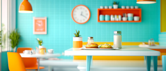 A bright, modern kitchen featuring colorful decor, a clock, and a table set with pastries and milk, creating a cheerful atmosphere.
