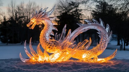 Fototapeta premium Glowing ice dragon sculpture at dusk in snowy landscape