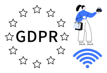 Woman holding shopping bags and a credit card next to GDPR text encircled by stars with a blue wireless icon. Ideal for data protection, online security, e-commerce privacy, global regulations