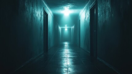 Dimly lit eerie hallway with closed doors and mysterious atmosphere