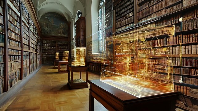 A library where overlays reveal hidden stories and immersive visualizations on ancient manuscripts.