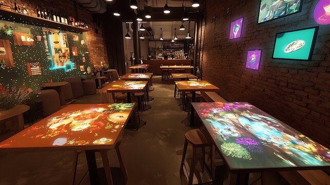 A lively caf?(C) where creates immersive storytelling scenes on tables with glowing, interactive holographic visuals.