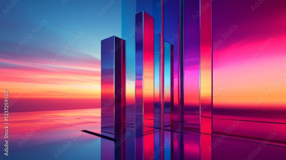 Poster A D bar chart with rising, metallic bars in gradient shades, symbolizing growth and performance in a sleek, futuristic environment