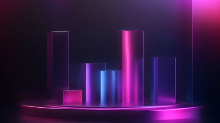 A D bar chart with rising, metallic bars in gradient shades, symbolizing growth and performance in a sleek, futuristic environment
