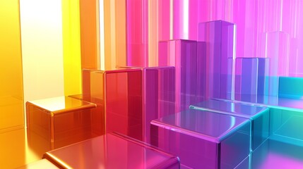 Fototapeta premium A D bar graph with bright, glossy bars in multiple colors, representing financial data with an abstract tech background