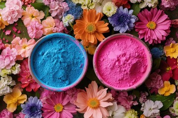 Freshly squeezed pink and blue paint powders in a rustic flower garden setting. Paint used to create vivid floral decorations.