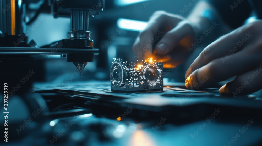 Poster industrial designer using augmented reality software and hand gestures to interact with a 3d printed