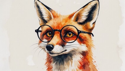 Obraz premium Wise fox character wearing glasses with a friendly expression in a watercolor art style