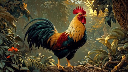 Fototapeta premium A beautiful rooster standing in a peaceful garden, its vivid plumage glowing in the soft light of early morning, surrounded by greenery