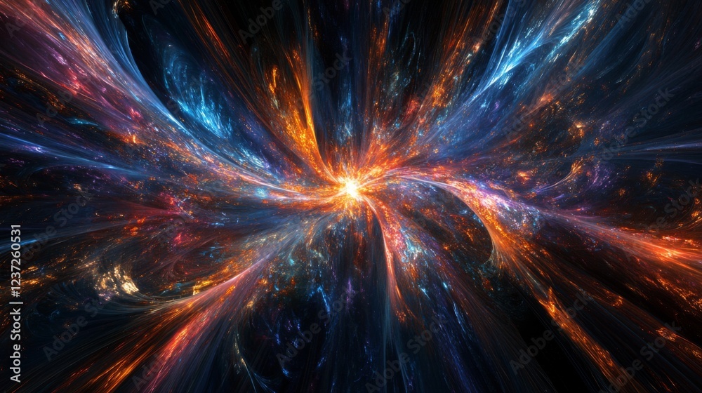 Poster a burst of light emanating from a central point in space, radiating outward in all directions with l