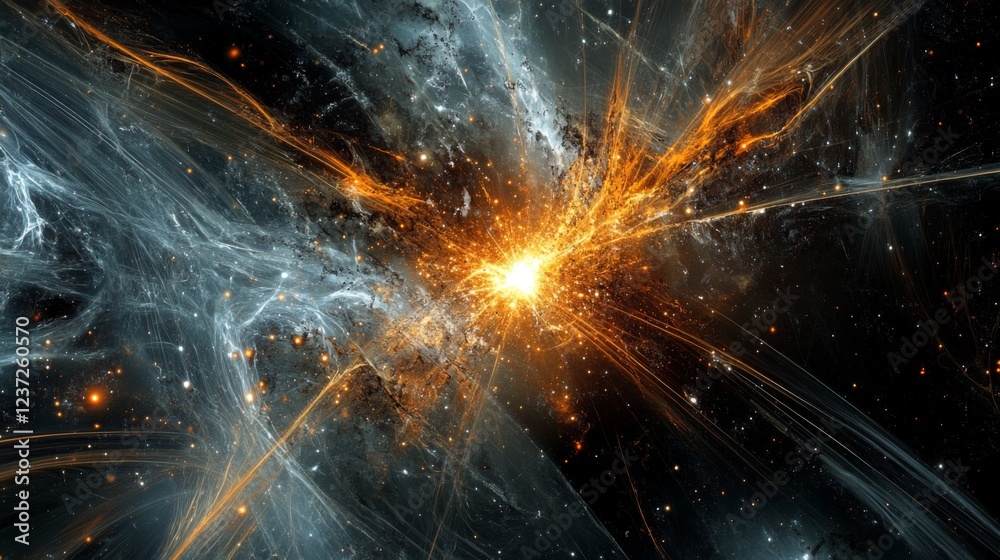 Poster a burst of light emanating from a central point in space, radiating outward in all directions with l