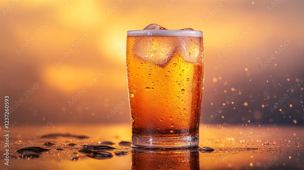 Poster a chilled beer glass with ice, condensation forming on the outside, placed on a countertop with a wa