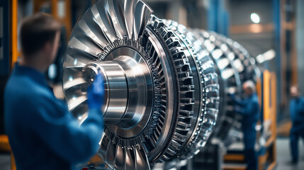 Close-up of turbine blades being checked for precision during installation, with a technician’s hand adjusting components while other engineers observe in the background 