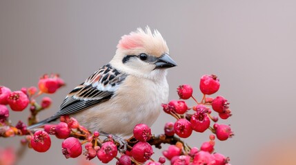 Fototapeta premium Pink-billed bird on red berries, winter scene