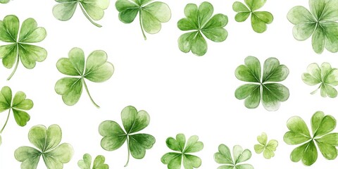 A seamless watercolor shamrock pattern on a white background. Ideal for festive decorations, St. Patrick's Day, and Irish-themed designs.