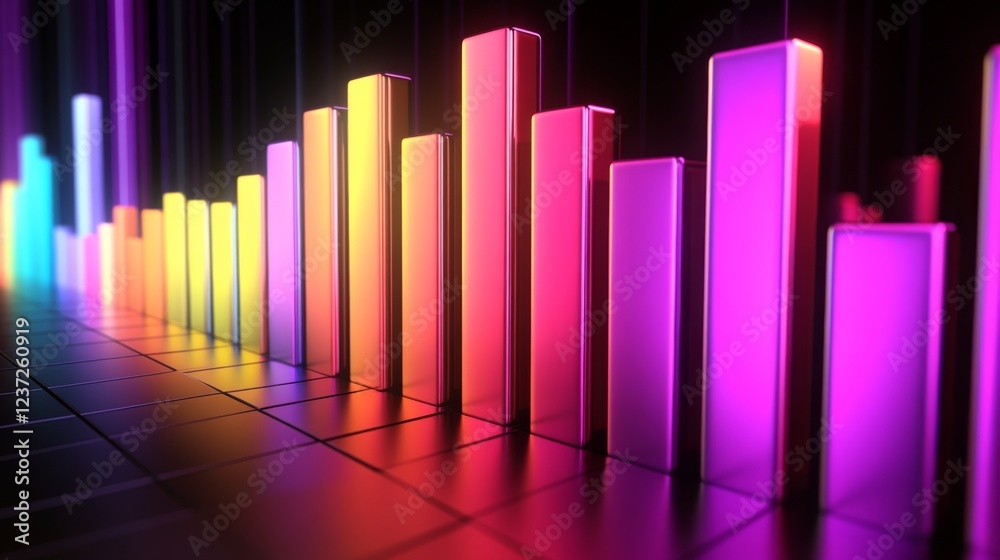 Poster A clean, modern D bar graph with light reflections and sharp edges, showing market fluctuations in vivid colors with a sleek design