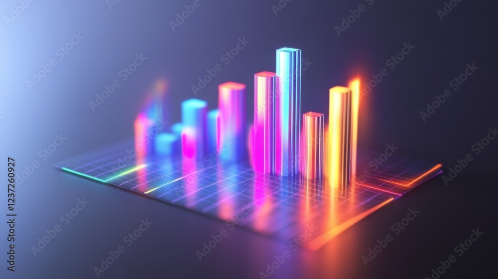 Poster A clean, modern D bar graph with light reflections and sharp edges, showing market fluctuations in vivid colors with a sleek design