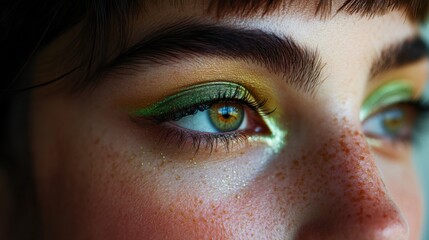 Close-up of young woman's eye with bold green and gold eye makeup and freckles