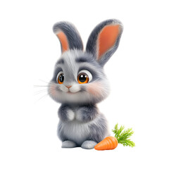 Obraz premium Fluffy 3D Cartoon Bunny with Glowing Soft Ears Sitting Next to a Carrot Isolated on Transparent Background