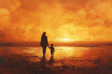 Fototapeta premium Mother Holding Her Child’s Tiny Hand as They Walk Along a Sandy Beach During Sunset, Their Silhouettes Glowing Against the Orange Sky, Peaceful and Heartwarming