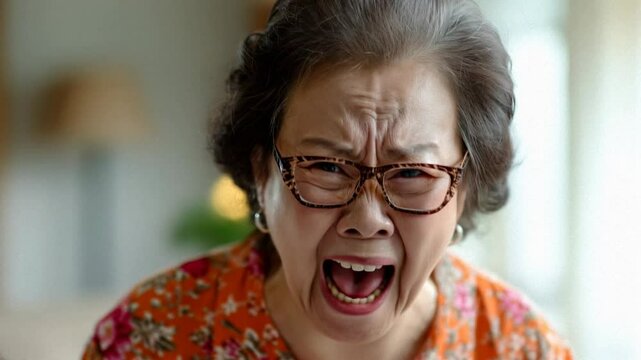 Angry belligerent yelling asian senior woman looking at the camera