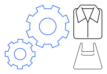 Gears interlocking symbolize automation with shirts and handbags indicating fashion. Ideal for industry, manufacturing, efficiency, automation, fashion, product design, and technology. Abstract line