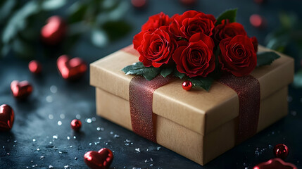 Elegant Valentine's Gift Box with Red Roses: Luxury Present Photography