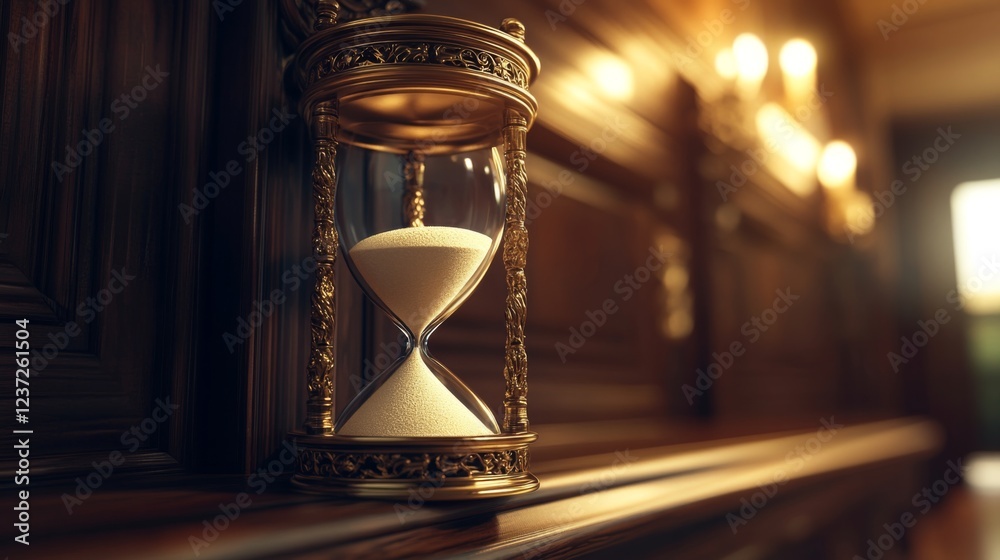 Poster a close-up of a golden hourglass with sand moving smoothly, placed on a dark wooden shelf with soft 