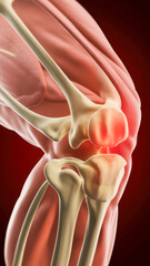 Knee joint anatomy with highlighted pain area.