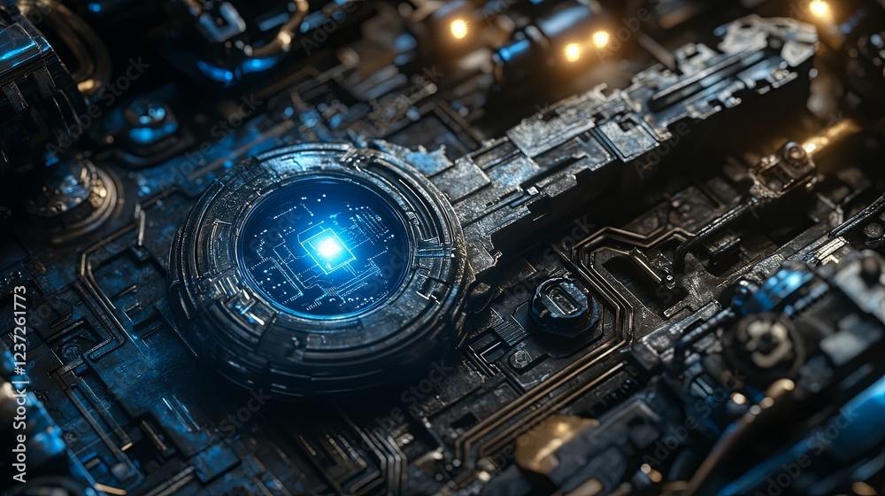 Poster intricate metallic circuit board with glowing blue core embedded in a complex tech environment