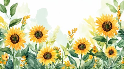 Naklejka premium Mother’s Day Watercolor Card Featuring Sunflowers and Vibrant Greenery, Bright and Heartfelt
