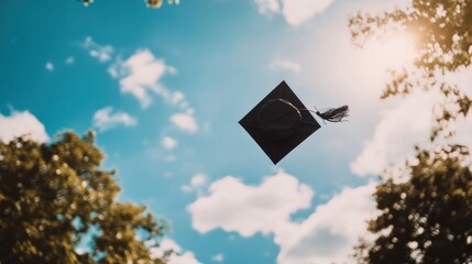 Graduation season captured in a symbolic scene of a mortarboard tossed high in the air, Celebration scene, Symbolic style