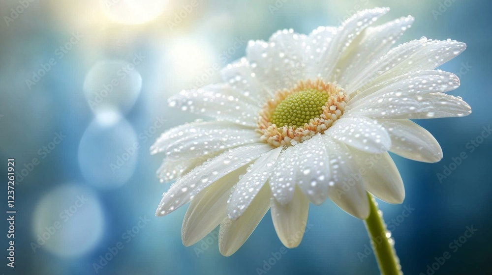 Poster a close-up of a white flower with shimmering water droplets on the edges of its petals, captured wit
