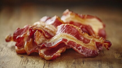 Obraz premium A close-up of bacon strips on a rustic wooden surface, crispy and slightly curled, with subtle lighting emphasizing their rich color and texture