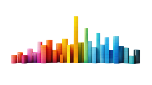 Colorful growing bar graph chart on transparent background representing success and growth