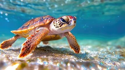 Fototapeta premium Young sea turtle swimming over a sandy seabed in clear turquoise ocean water during a sunny day.