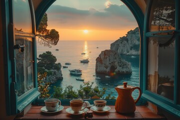 Elegant villa view at golden hour, overlooking Capri's coast with boats and romantic ambiance