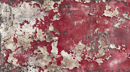 Fototapeta premium A textured surface with peeling red paint and exposed layers, showcasing wear and age.