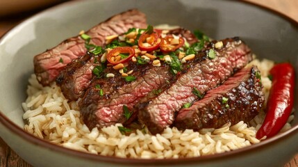 A close-up of rice topped with tender, marinated beef, served in a bowl with a rich brown sauce, garnished with herbs and a few slices of chili on the side