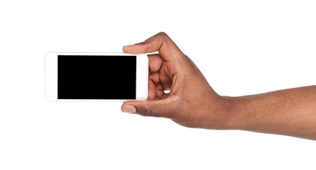 Hand holding mobile smart phone with blank screen, isolated on white background. Copy space for advertisement of mobile app, mockup