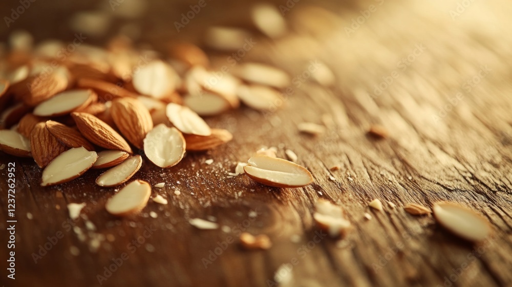 Poster a close-up of sliced almonds scattered across a wooden surface, capturing their delicate texture and