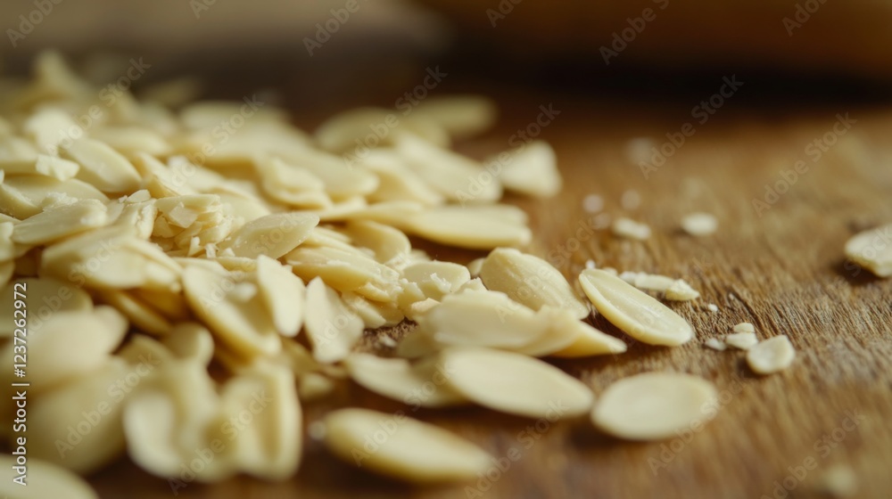 Poster a close-up of sliced almonds scattered across a wooden surface, capturing their delicate texture and